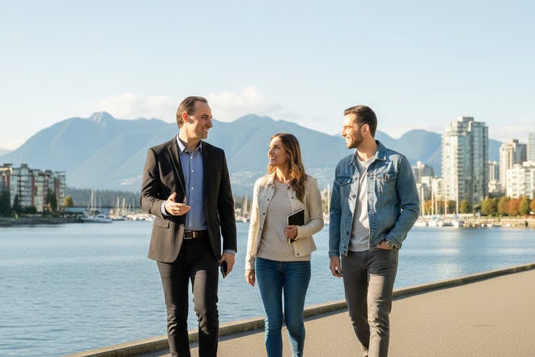 James Park, Licensed Mortgage Broker, with his team along the Vancouver waterfront